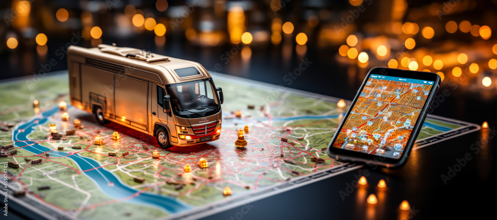 motorhome , online map navigator on smartphone transport representation, gps concept - obrazy, fototapety, plakaty 