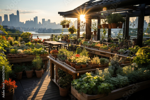 A lush rooftop garden overlooks a sprawling megacity skyline during sunset. 