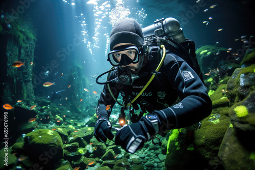 An adventurous diver navigates through a dark underwater cave. 