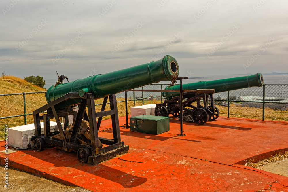 Two 18-pound smooth bore cannon from 1794 at Lion Battery, Signal Hill used as Noon signal guns in Cape Town South Africa Two 18-pound smooth bore cannon from 1794 at Lion Battery, Signal Hill used as Noon signal guns in Cape Town South Africa