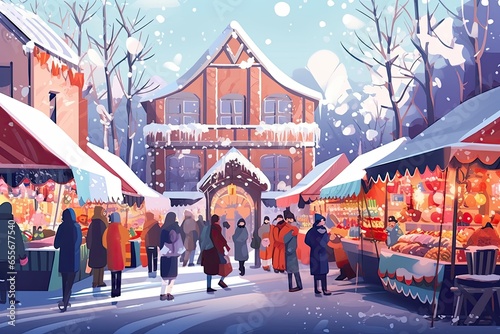 people at christmas market in winter ilustration