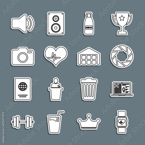 Set line Smart watch heart beat rate, Medical clinical record, Camera shutter, Glass bottle milk and cap, Heart, Photo camera, Speaker volume and Warehouse icon. Vector