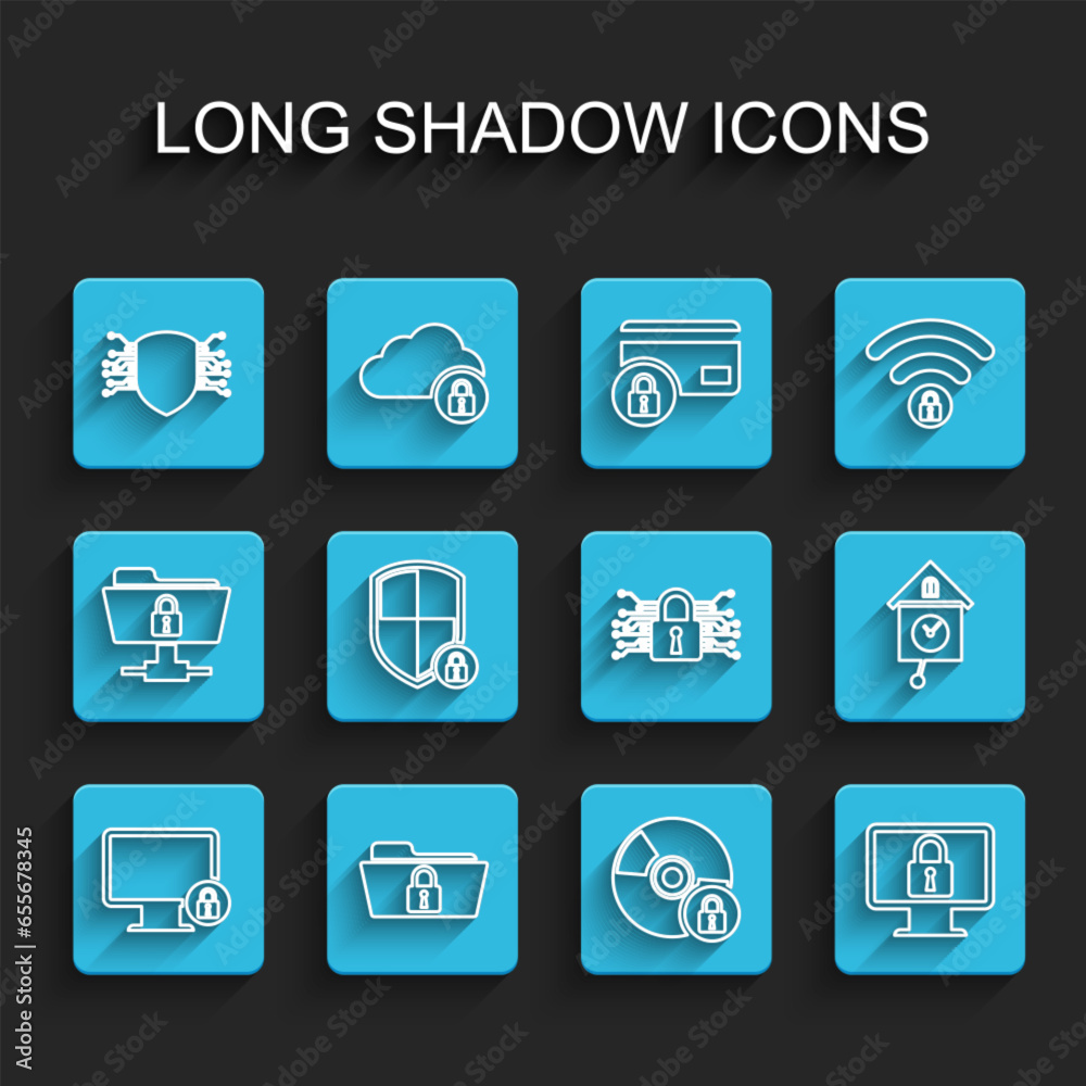 Set line Lock on monitor, Folder and lock, Cyber security, CD DVD disk with, Shield, Retro wall watch and icon. Vector Set line Lock on monitor, Folder and lock, Cyber security, CD DVD disk with, Shield, Retro wall watch and icon. Vector