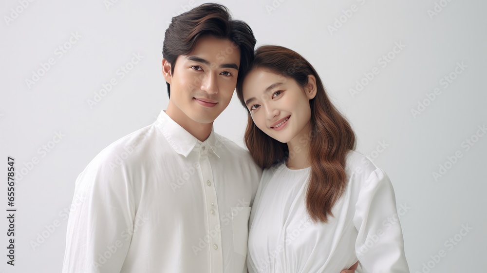 Photo shoot wedding in studio of a cute couple groom and bride with wearing white costume. Generative Ai Photo shoot wedding in studio of a cute couple groom and bride with wearing white costume. Generative Ai
