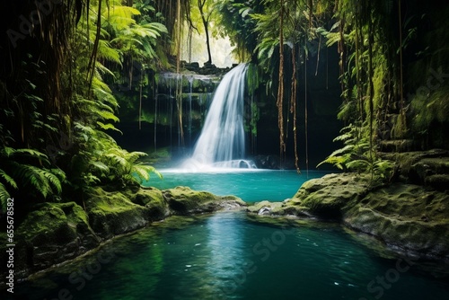 A stunning waterfall cascading into a vibrant lagoon. Generative AI © Yara