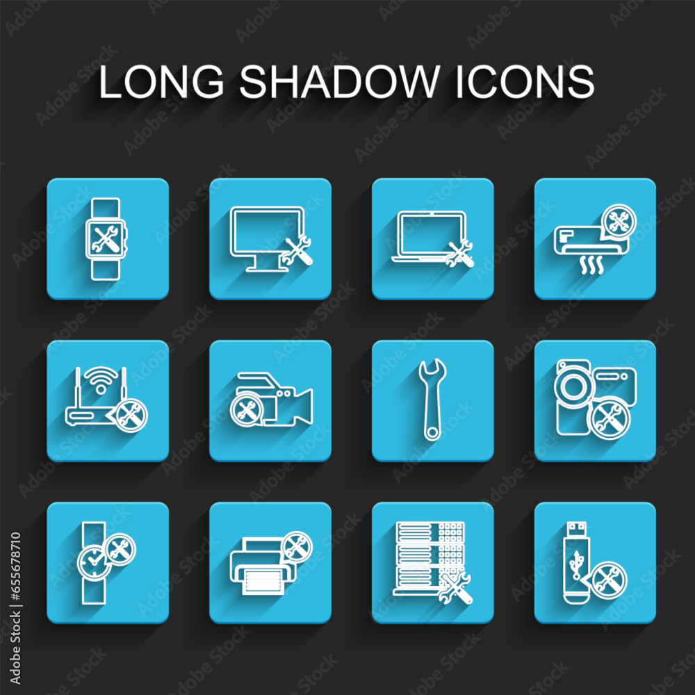 Set line Wrist watch service, Printer, Smartwatch, Database server, USB flash drive, Video camera, and Wrench icon. Vector Set line Wrist watch service, Printer, Smartwatch, Database server, USB flash drive, Video camera, and Wrench icon. Vector