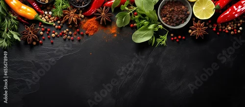 Panel kuchenny z motywem Various spices herbs and greens for cooking presented on a black slate table background Top down view with empty space for text with copyspace for text