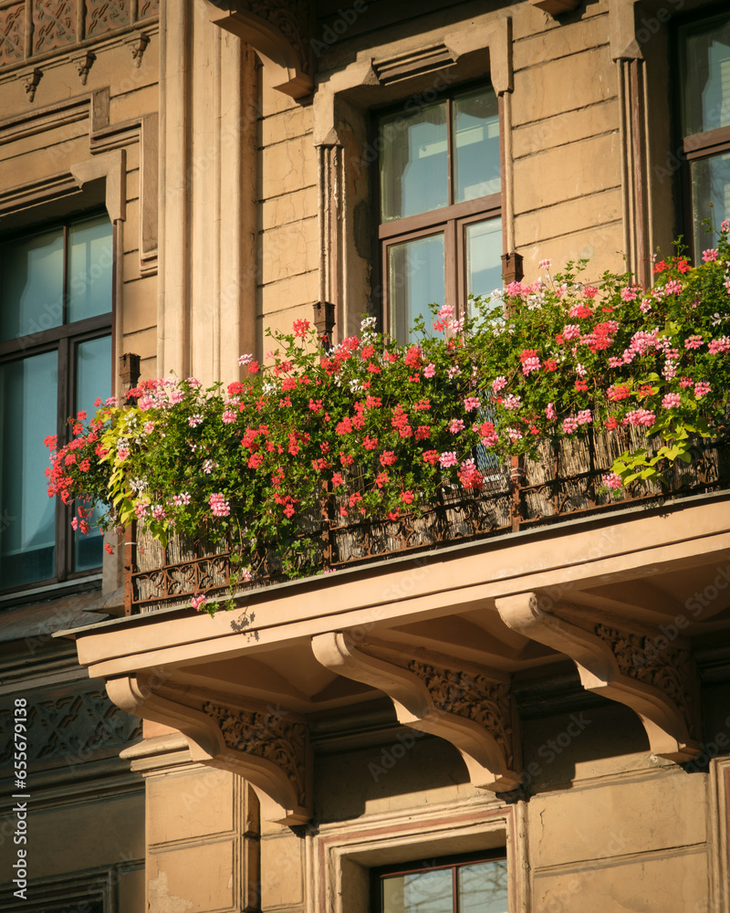 Flowers on a balcony in Centrs, Riga, Latvia