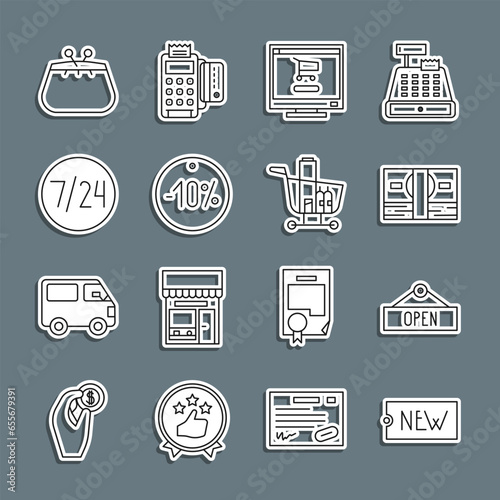 Set line Price tag with text New, Hanging sign Open, Stacks paper money cash, Shopping cart computer, Ten discount percent, Clock 24 hours, Wallet and and food icon. Vector