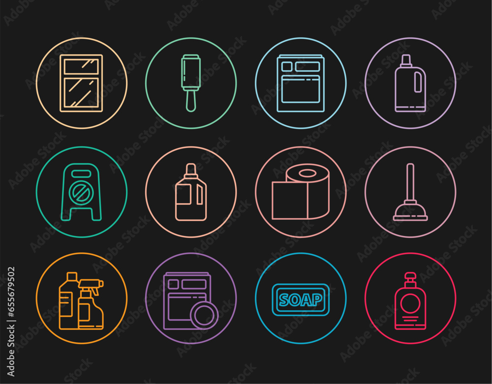 Set line Hand sanitizer bottle, Kitchen dishwasher machine, Fabric softener, Wet floor cleaning progress, Cleaning service for windows, Toilet paper roll and Adhesive roller icon. Vector Set line Hand sanitizer bottle, Kitchen dishwasher machine, Fabric softener, Wet floor cleaning progress, Cleaning service for windows, Toilet paper roll and Adhesive roller icon. Vector