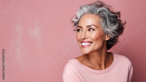 Smiling south american adult woman with smooth healthy face skin. Banner copy space. Beauty and cosmetics skincare advertising concept, ai generative