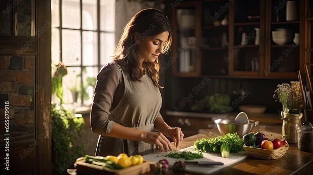 Beautiful girl in an apron makes vegetarian food at the kitchen table. telephoto lens natural lighting Beautiful girl in an apron makes vegetarian food at the kitchen table. telephoto lens natural lighting