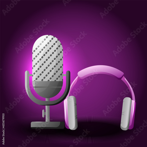 Online broadcasting concept. Audio recording. Sound recording equipment, microphones, headset. Headphones with microphone. Music earphones. Vector illustration