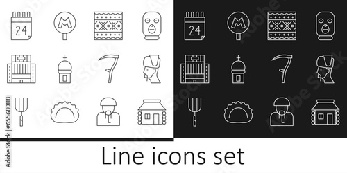 Set line Ukrainian house, cossack, ethnic pattern, Church tower, Hotel Ukraina building, Independence day of Ukraine, Scythe and Metro or Underground icon. Vector