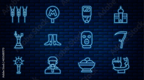 Set line Monument to founders of Kiev, Scythe, Ukrainian cossack, footwear, Mother Motherland monument, Wheat, Thief mask and Metro or Underground icon. Vector