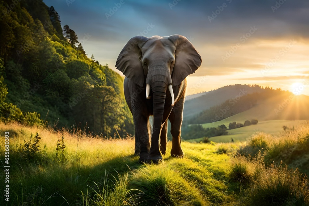 Forest elephant sun rays nature photography picture photo artwork design illustration model animal in the wild forest the king of the hills in the jungle, and blue sky in the background - obrazy, fototapety, plakaty 