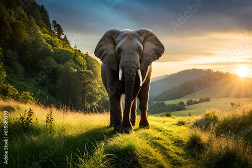 Forest elephant sun rays nature photography picture photo artwork design illustration model animal in the wild forest the king of the hills in the jungle, and blue sky in the background photo