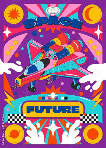 Acid psychedelic groovy retro space poster in 90s style. Spaceship,abstract future elements in Memphis style.Geometric elements cartoon style