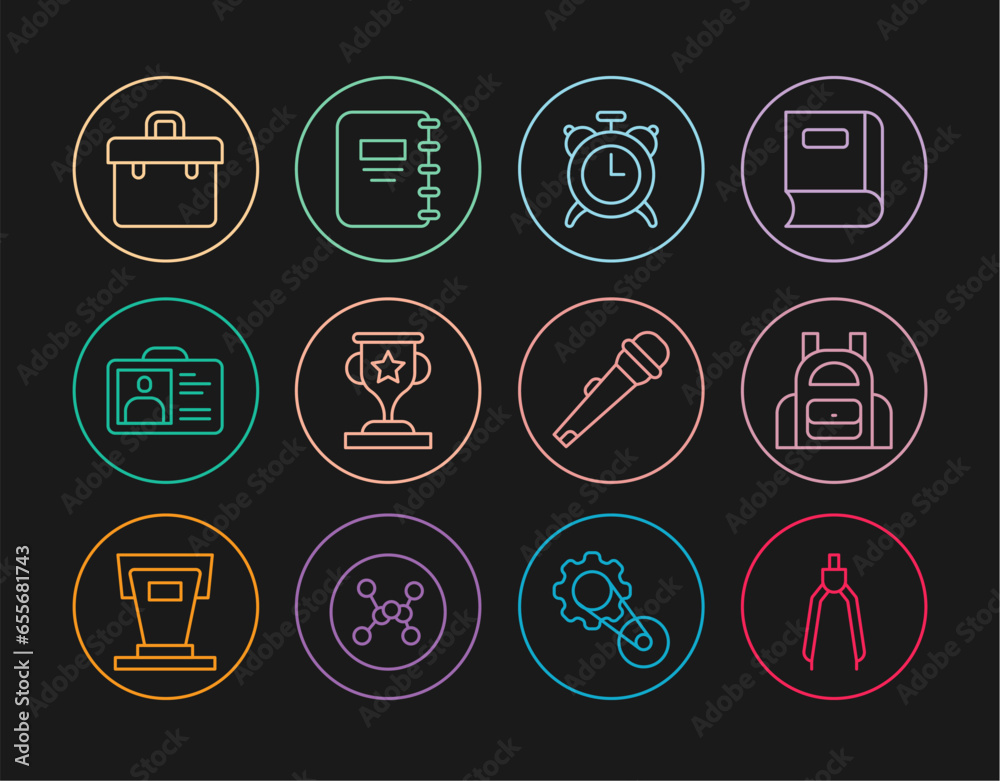 Set line Drawing compass, School backpack, Alarm clock, Award cup, Identification badge, Briefcase, Microphone and Notebook icon. Vector Set line Drawing compass, School backpack, Alarm clock, Award cup, Identification badge, Briefcase, Microphone and Notebook icon. Vector