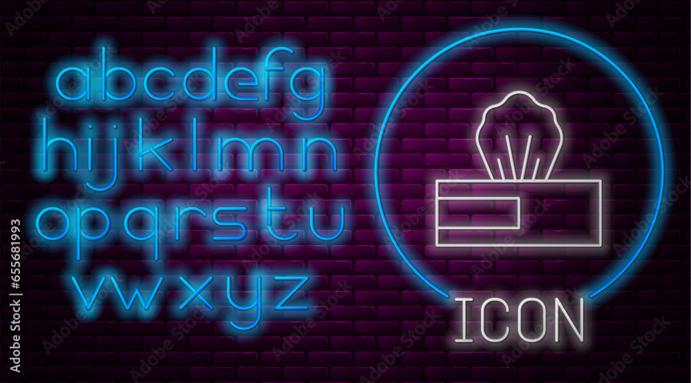 Glowing neon line Wet wipe pack icon isolated on brick wall background. Neon light alphabet. Vector. Glowing neon line Wet wipe pack icon isolated on brick wall background. Neon light alphabet. Vector.