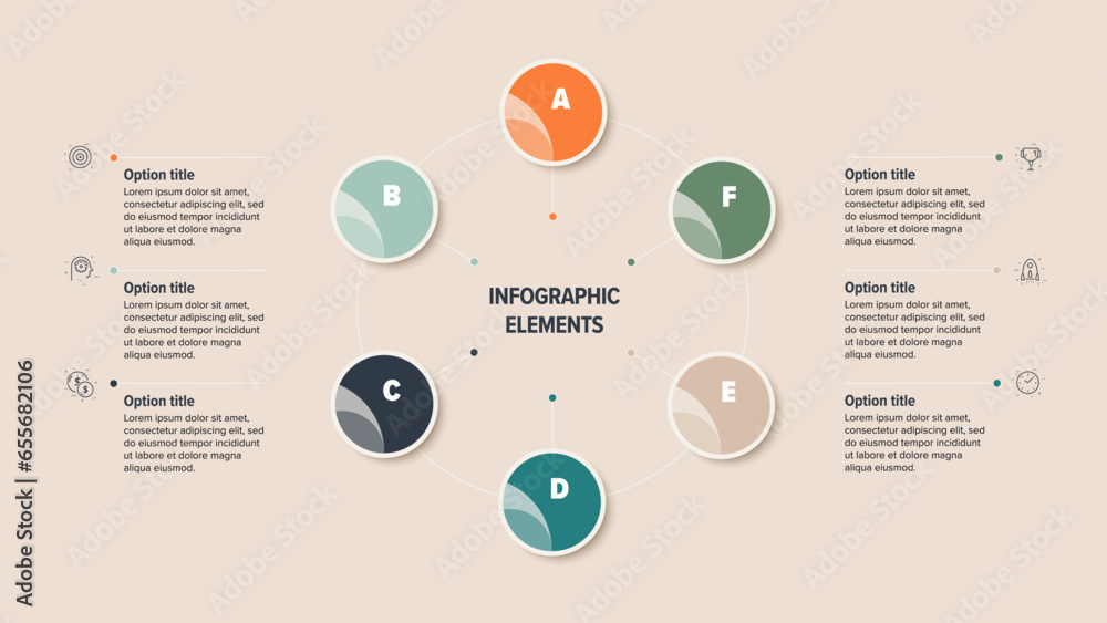 Business process chart infographics with 6 step circles. Round workflow ...