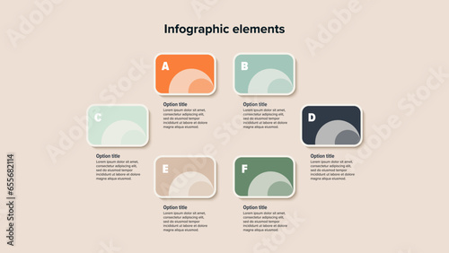 Business process chart infographics with 6 step squares. Rectangular workflow graphic elements. Company flowchart presentation slide. Vector info graphic in flat design