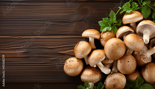 Freshly picked true mushrooms decorated with fresh herbs lying on a wooden table. Rustic still life with edible mushrooms. Champignons, White button mushroom