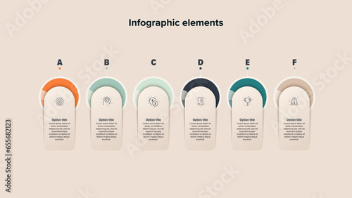 Business process chart infographics with 6 step circles. Round workflow graphic elements. Company flowchart presentation slide. Vector info graphic in flat design
