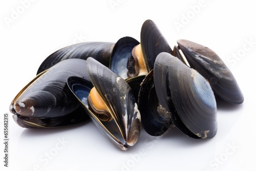 A pile of fresh mussels on a clean white surface