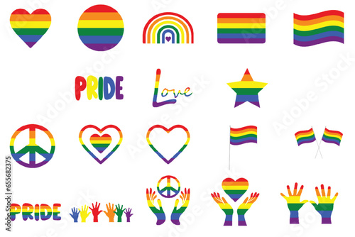 Pride LGBT symbols. Pride month, love signs and rainbow flags. LGBTQ plus community festival icons vector set