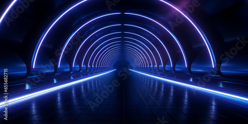 Futuristic abstract background with neon lights. Glowing lines in dark tunnel