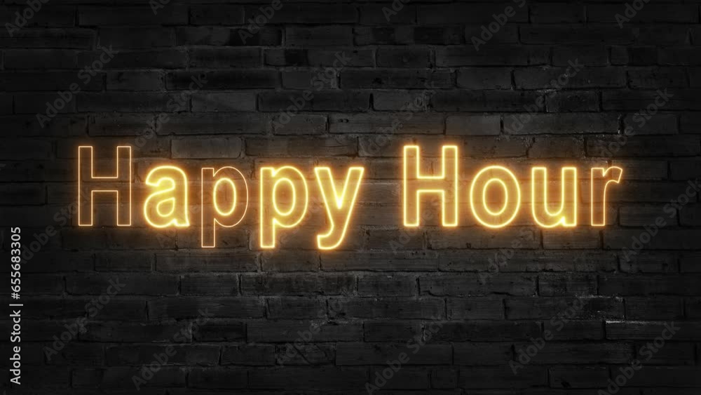 Happy Hour realistic pink neon signboard on bricks wall background and smoke in the ambient in 4K. Happy Hour realistic pink neon signboard on bricks wall background and smoke in the ambient in 4K.