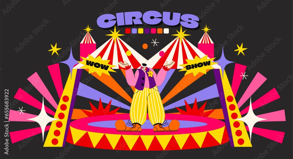 Acid cartoon circus poster in 90s psychedelic style. Bright elements of the stage, circus arena, vintage tent. Circus show banner, invitation cards in groovy style