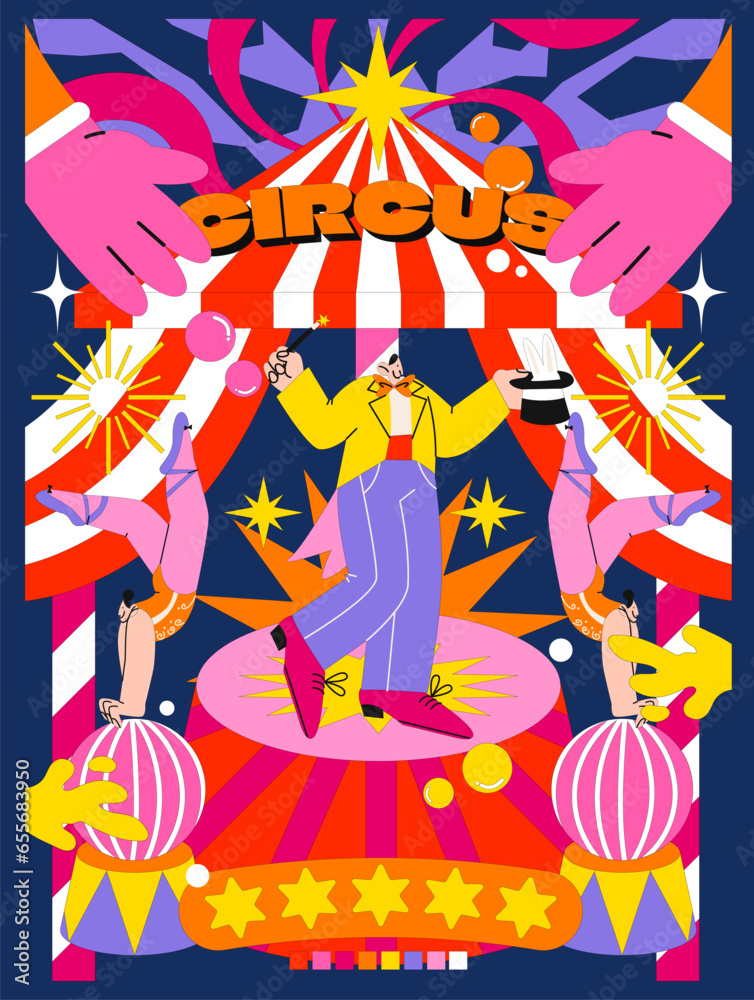 Acid cartoon circus poster in 90s psychedelic style. Bright elements of the stage, circus arena, vintage tent. Circus show banner, invitation cards in groovy style