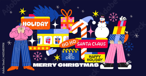 Christmas New Year, retro cartoon frames and online Memphis notifications. infographics illustration of characters, holidays and gifts