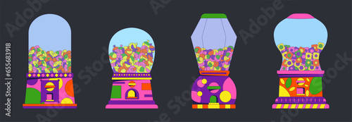 Set candy vending machines in a 90s cartoon acid style.Gumballs candies dispenser machine in a glass capsule. Coin slot machine for candy dispensing