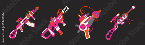 Collection of retro space game weapons in the acid futuristic cyberpunk 90s style. Laser pistol, space blaster, cartoon y2k guns