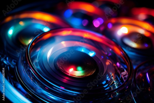 A close-up of a camera lens with multi-colored light painting effects, creating a vibrant and artistic interpretation of the lens's function and beauty.