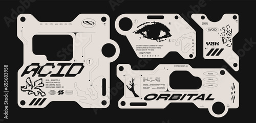 Futuristic y2k technology frame for design. HUD frames in Ski-Fi style, GUI, FUI.Modern cyber user interface elements. Pixel characters, system notifications	
