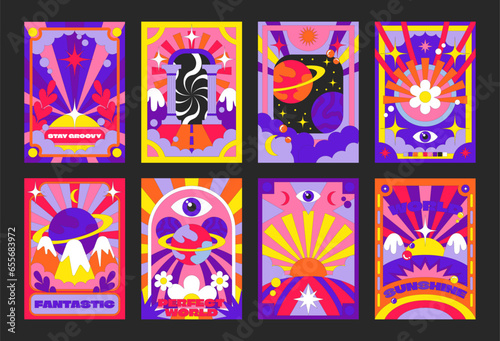 90s groovy posters. Cartoon psychedelic style. Acid hippie retro elements. Trip landscapes with mountains, sun rays, flowers, trip wave. Vector collection	