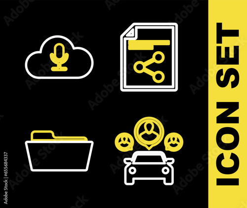 Set line Share file, Car sharing, Folder and Music streaming service icon. Vector