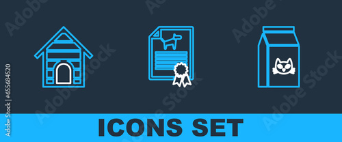 Set line Bag of food for cat, Dog house and Certificate dog icon. Vector