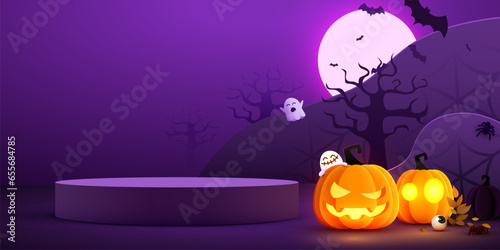 Halloween product display podium with pumpkins, bats and ghosts.