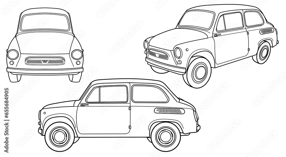 Set of classic retro coupe car of 50s, 60s. Car as jalopy. Side, front, rear view. Outline doodle vector illustration. Automotive concept in vintage sketch style	
