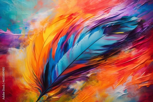 An abstract composition featuring the close-up of a parrot feather  showcasing its riot of tropical colors and feathery texture against a vivid  multicolored backdrop  exuding vibrancy and vitality.