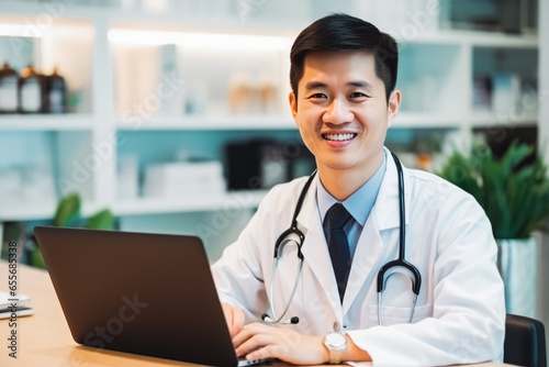 Asian doctor smiling while working on computer in his office, successful asian medical practitioner doing research on finding a cure