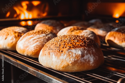 Close up shot of loaves of bread baking in the oven, daily fresh crusty baked bread available in bakery, bakery industry