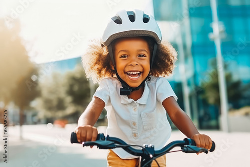 Little african american girl riding her bike with a safety helmet and enjoying a fun ride through the city, childhood adventures