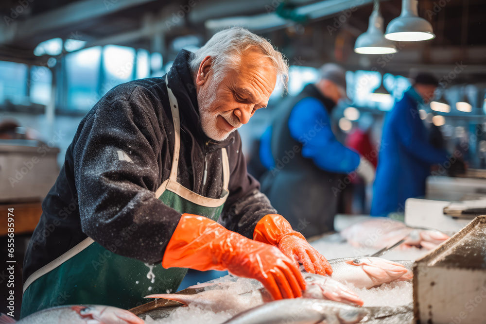 Elderly fishmonger worker picking and selecting fishes on a market, freshly caught sea fishes for sale