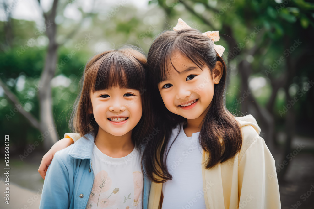 Portrait of smiley asian girls playing in park outside on a sunny day, happy cute chinese girls spending quality time together Portrait of smiley asian girls playing in park outside on a sunny day, happy cute chinese girls spending quality time together